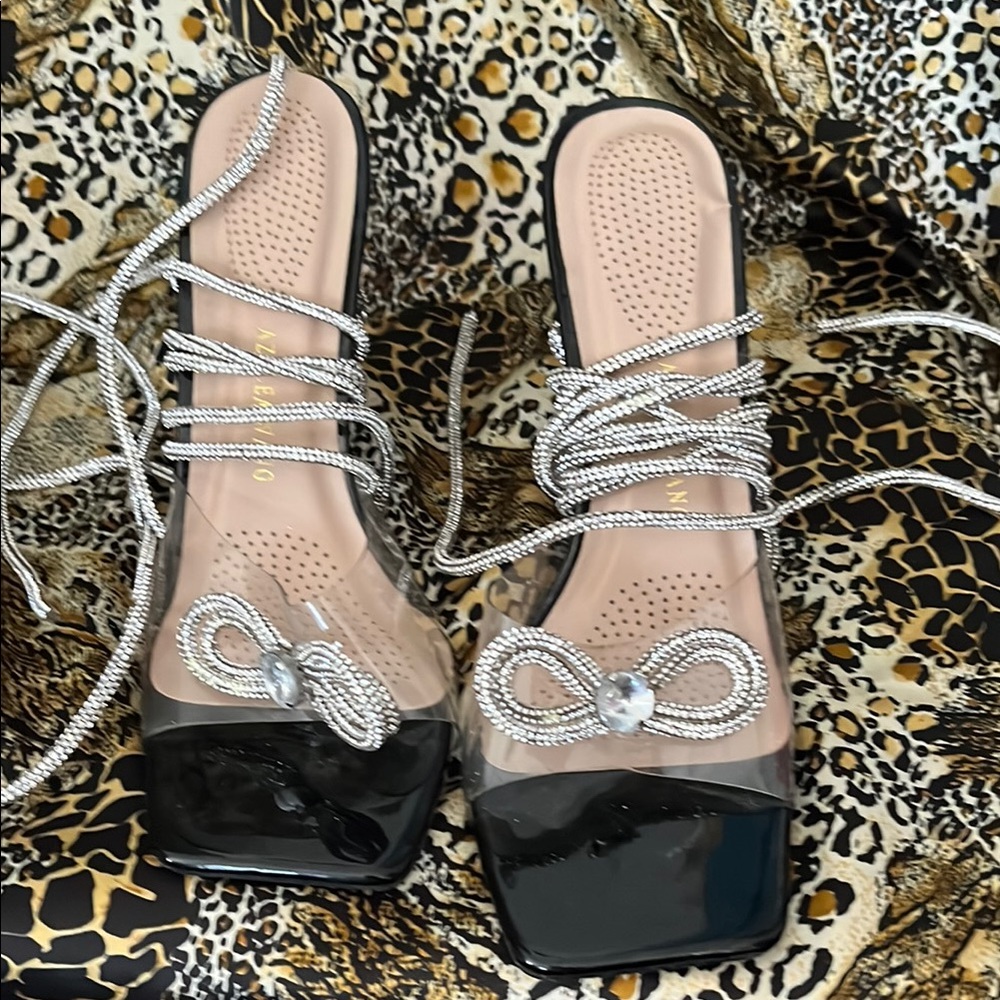 Chic Black and Silver Strappy Sandals with High Heel